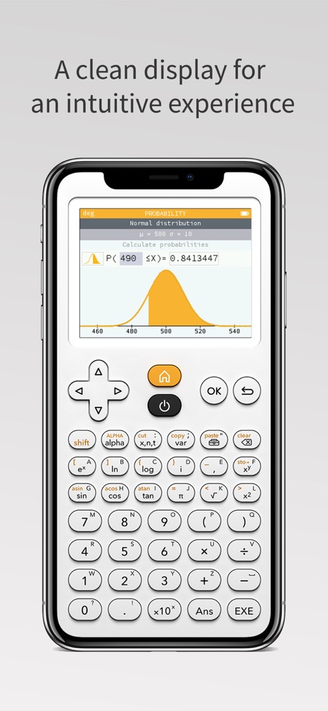 NumWorks Graphing Calculator - Esta herramienta facilita el análisis de probabilidad con una visualización gráfica intuitiva de la distribución normal, haciendo comprensibles conceptos estadísticos complejos.