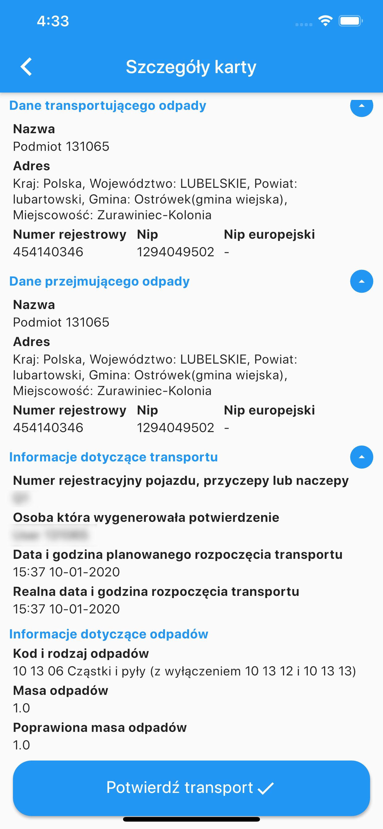 Warta BDO Potwierdź transport