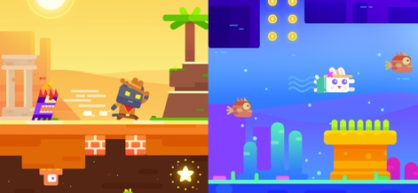 Super Phantom Cat 2 - 카우보이 복장을 한 캐릭터가 뜨거운 사막을 가로지르며, 하얀 고양이 캐릭터는 다채로운 수중 환경에서 헤엄칩니다.