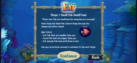 Let Me Eat : Feeding Frenzy - This screen provides crucial 'How to Play' instructions, introducing users to 'Andy the Angle Fish' and the core mechanics.