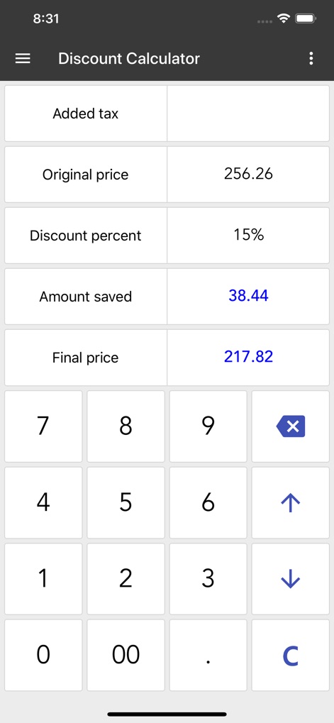 ClevCalc - Calculator - Easily calculate savings by inputting the 'Original price' and 'Discount percent', instantly revealing the 'Amount saved' and the 'Final price'.