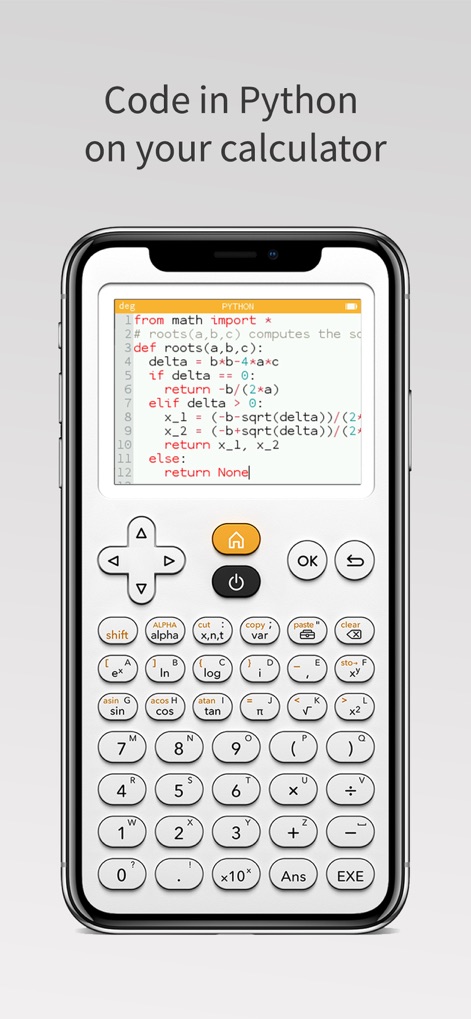 NumWorks Graphing Calculator - Los usuarios pueden explorar la programación integrada en Python, visualizando un entorno de edición de código con resaltado de sintaxis para scripts personalizados.