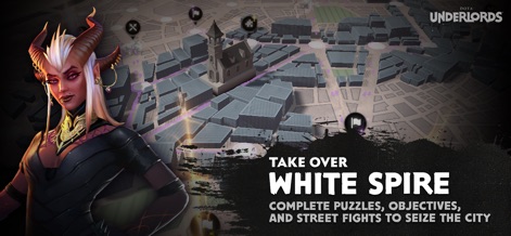 Dota Underlords - View the strategic City Crawl map with various mission markers, guiding players through challenges to reclaim neighborhoods across White Spire.