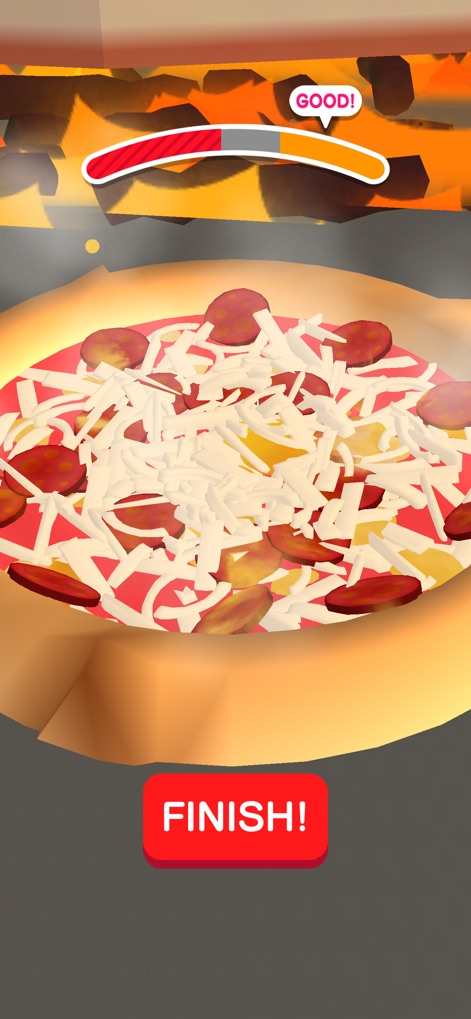 Pizzaiolo! - The app guides users to ideal baking with a clear progress bar and positive feedback like "GOOD!" before pressing the "FINISH!" button.