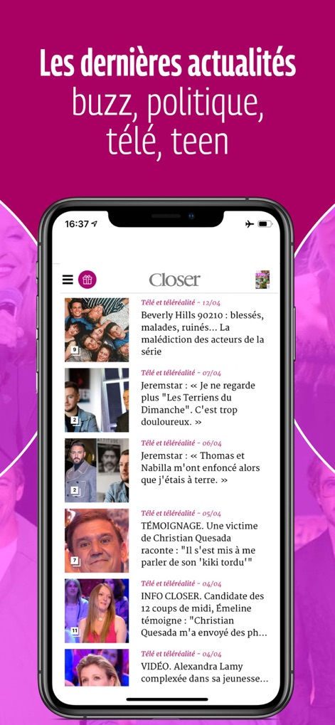 Closer – Actu et exclus People - A interface apresenta uma rolagem de artigos com miniaturas visuais e categorias de conteúdo como 'Télé et téléréalité' para fácil navegação.