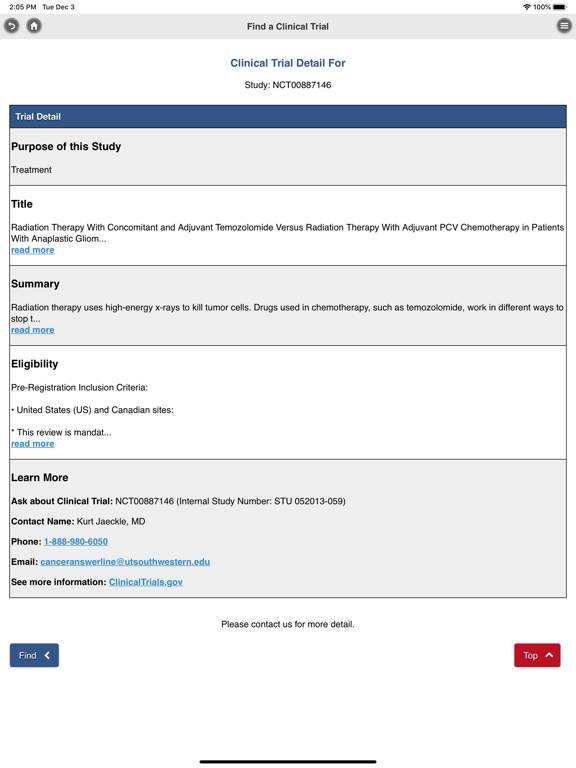 UTSW Cancer Clinical Trials iPad screenshot