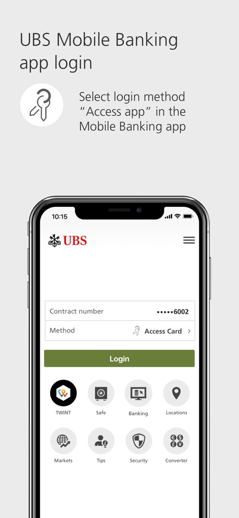 UBS Access – secure login - The app integrates with the Mobile Banking platform, allowing users to select 'Access app' as their login method directly from the main banking interface.