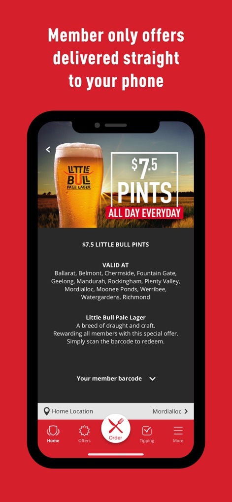 Sporting Globe - Los miembros acceden a promociones personalizadas, como la oferta de '$7.5 LITTLE BULL PINTS ALL DAY EVERYDAY', con detalles claros sobre las ubicaciones donde la promoción es válida.