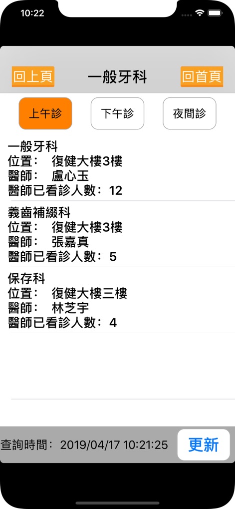長庚e指通服務 - Nutzer finden hier eine organisierte Übersicht der Fachabteilungen, strukturiert durch Tageszeit-Tabs und detaillierte Listen der Ärzte inklusive deren aktueller Patientenzahlen.