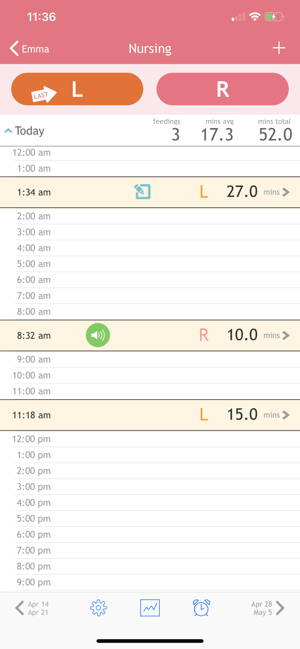 Baby Amning Tracker Skærmbillede