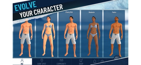 True Surf - The character customization interface allows players to select from various unique models and personalize their virtual surfer.