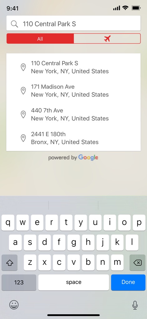 Bee Bee Car Service - This tool streamlines address entry with a smart search bar that presents a list of suggested locations, powered by an integrated virtual keyboard for efficient input.