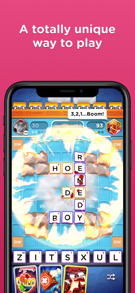 Word Domination: PvP Word Game - Experience the dynamic impact of strategic boosters, vividly illustrated by the explosive board animation on the game grid and the diverse booster cards available for play.