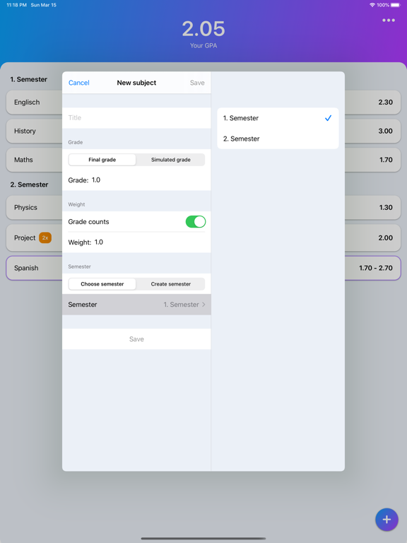 GradeCalc - GPA Calculator iPad screenshot 2 - Education app
