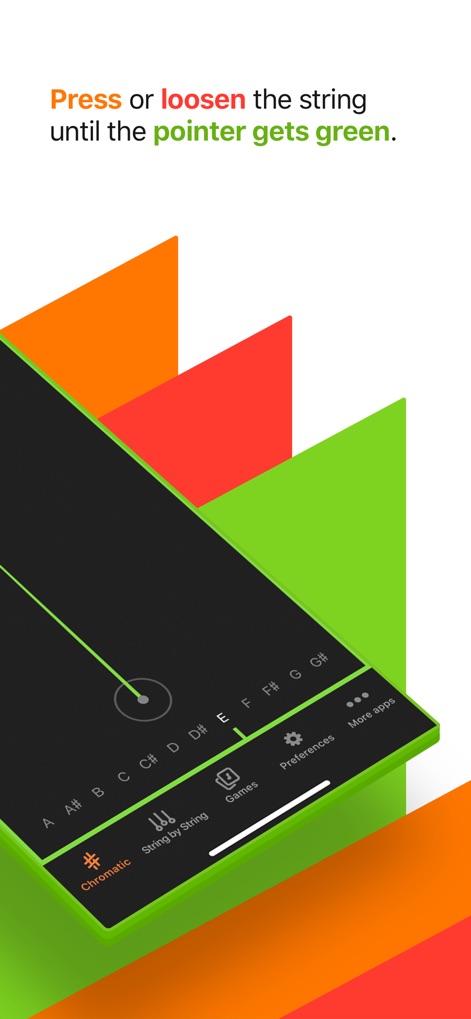 Cifra Club Tuner - A imagem exibe a barra de navegação inferior com opções de modo e a instrução "Press or loosen the string until the pointer gets green" para o usuário.