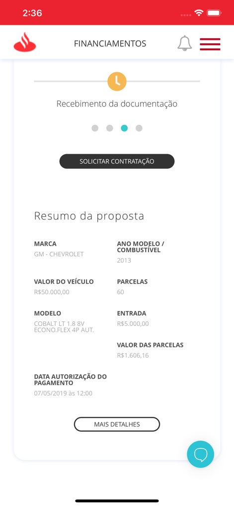 Santander Financiamentos - This tool clearly presents the financing proposal summary, detailing key aspects such as the 'Valor do Veículo' (Vehicle Value) and the total 'Parcelas' (Installments) for transparent review.