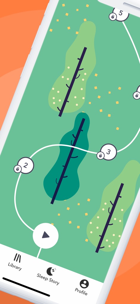 Present - Guided Meditation - This tool presents a unique visual progress map for guided meditation, complete with numbered stages and intuitive navigation elements like the "Library" and "Sleep Story" tabs.