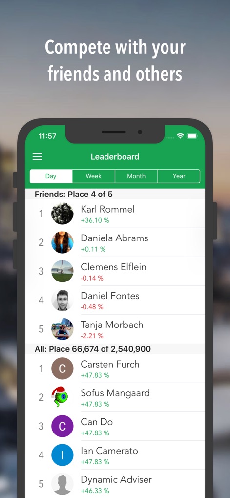 Best Brokers Stock Market Game - Users can engage in friendly competition by viewing their friends' rankings with percentage gains and seeing their position on the extensive global leaderboard.