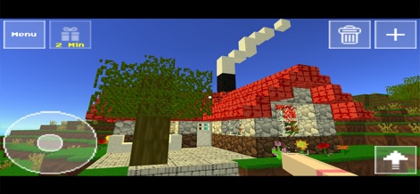 BoomCraft - La aplicación permite a los usuarios construir estructuras exteriores impresionantes, como esta casa con su vibrante techo rojo y una chimenea que emite humo, situada en un exuberante paisaje verde.