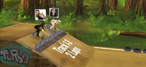 Mad Skills BMX 2: Bike Game - This screenshot shows the intense starting line action with two riders poised on a wooden ramp and player avatars indicating opponents.