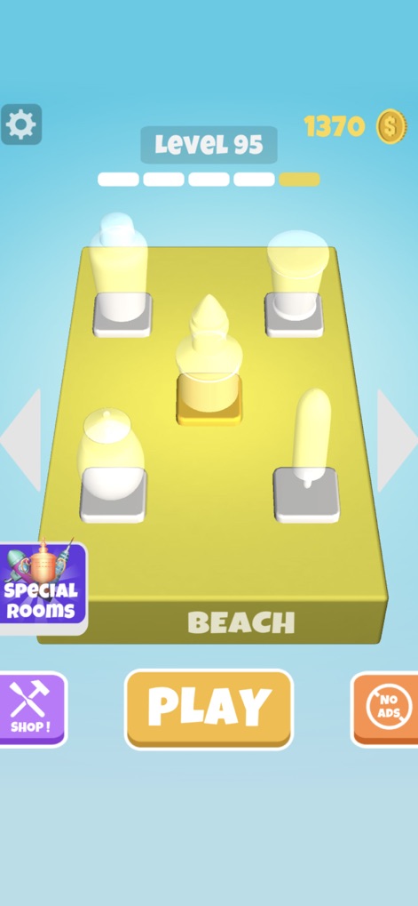 Wood Shop - The app offers a captivating gallery of completed items, neatly categorized by themes such as the 'Beach' environment for display.