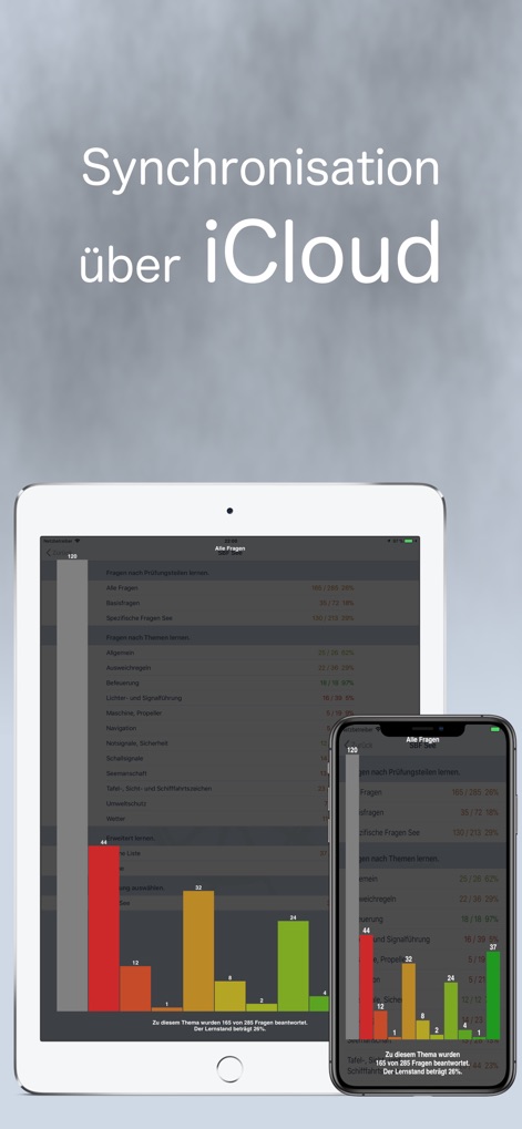 SBF See inkl. digitaler Karte - Esta herramienta permite una sincronización fluida de datos a través de iCloud, mostrando el progreso de aprendizaje de los usuarios simultáneamente en la pantalla de una tablet y un smartphone.