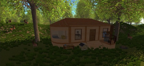 Ocean Is Home: Survival Island - This view presents a charming, smaller wooden house nestled in the forest, surrounded by wildlife like deer and a small pet shelter.