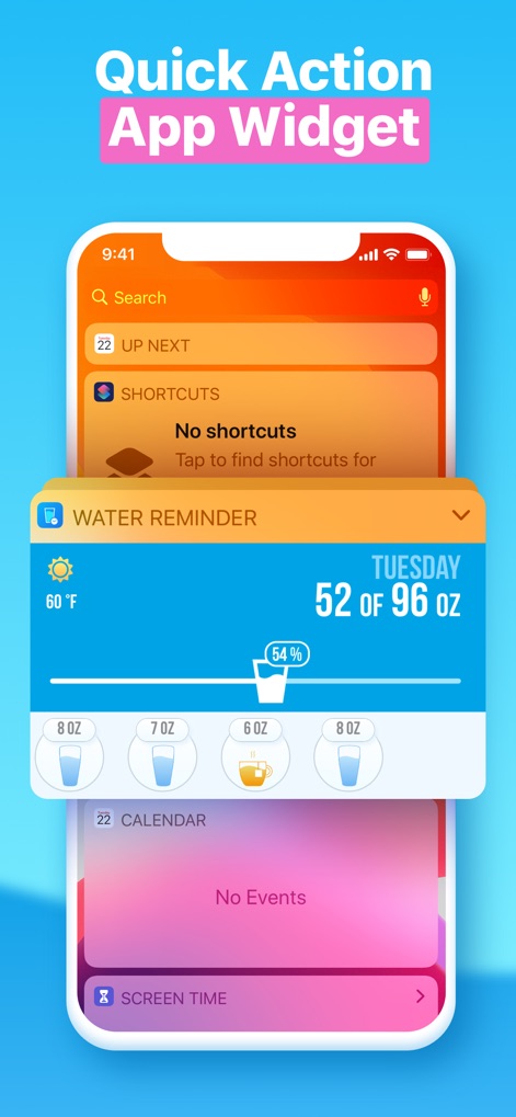 Water Reminder - Daily Tracker - The app offers an interactive home screen widget providing a real-time display of current intake progress and recent drink entries for quick updates.