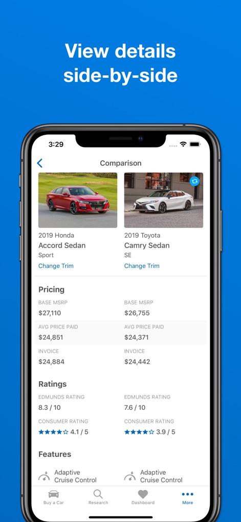 Edmunds - Shop Cars For Sale - Gli utenti possono confrontare due veicoli fianco a fianco e visualizzare dettagli comparativi come i dati di prezzo, semplificando la scelta del mezzo perfetto.
