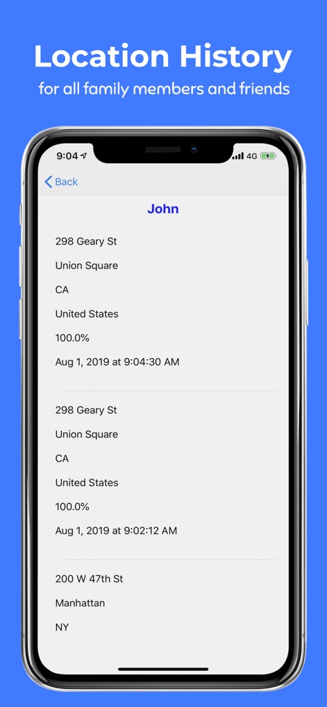 Phone Tracker By Number - The app provides a detailed historical record of movements, showcasing multiple past locations with their corresponding addresses and exact visit timestamps.