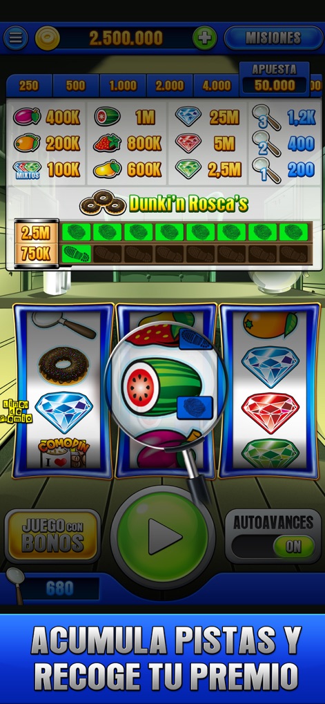 FBI Academy - Tragaperras Bar - Cette vue détaillée met en avant le système de gain avec un bonus "Dunkin' Rosca's" visible et l'option "Juego con Bonos" pour maximiser les récompenses, illustrée par la loupe zoomant sur les symboles.
