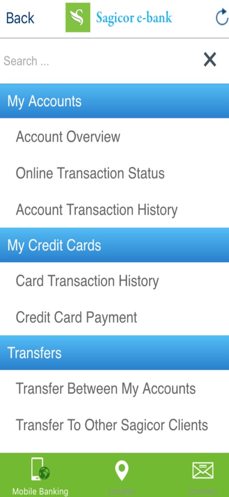 Sagicor Jamaica eBank - Die App bietet eine intuitive Navigation mit klar gegliederten Hauptkategorien wie 'My Accounts' und ermöglicht direkten Zugriff auf wichtige Funktionen wie 'Credit Card Payment' und 'Transfer Between My Accounts'.
