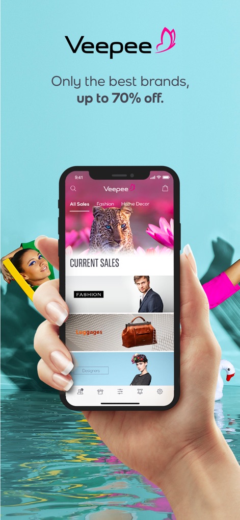 Veepee by vente-privee outlet - L'application affiche les "CURRENT SALES" organisées par catégories, comme la mode et la maison ("Fashion", "Home Decor"), offrant une navigation intuitive pour découvrir les meilleures affaires.