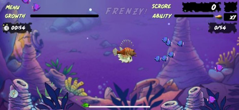 Let Me Eat : Feeding Frenzy - Observe the intricate lionfish predator amidst a purple coral reef, with a clear display of the growth bar and current score.