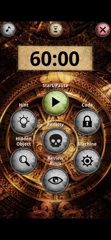 Unlock! - Das zentrale Element ist der minutengenaue Countdown-Timer, ergänzt durch spezifische Aktionsbuttons, die den Spielern Funktionen wie "Hint" und "Penalty" zur Verfügung stellen.