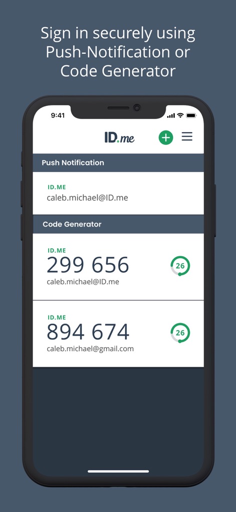 ID.me Authenticator - O aplicativo oferece opções de login, incluindo a seção "Push Notification" para aprovação rápida e entradas do "Code Generator" exibindo senhas TOTP.