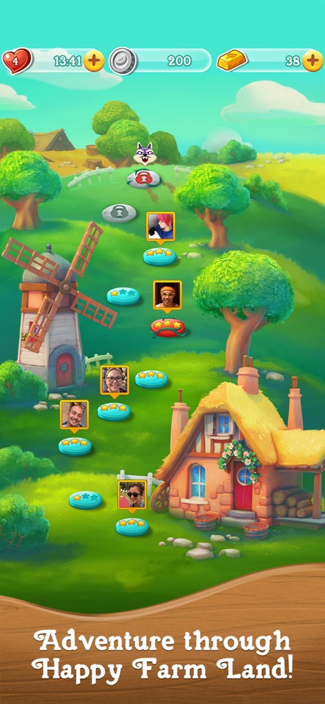 Farm Heroes Super Saga - Explore the detailed Farm World Map, showcasing various level icons and a quaint farm landscape with a windmill and a cozy farmhouse.