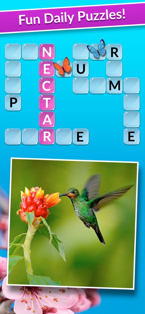 Wordscapes In Bloom - Engage with the app's 'Fun Daily Puzzles' to keep the brain stimulated, complemented by stunning real-world nature photography like the captivating hummingbird image.
