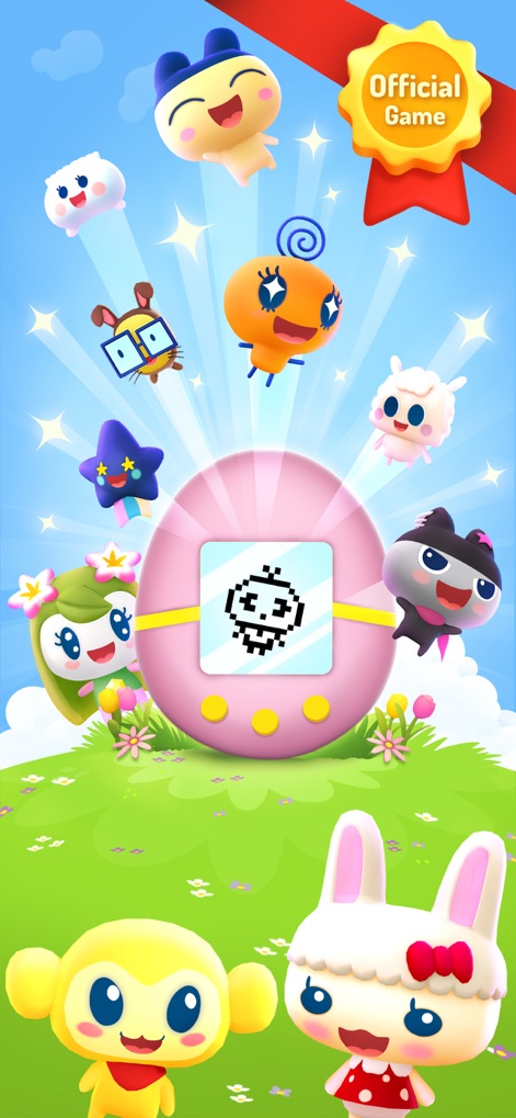 My Tamagotchi Forever - La schermata introduttiva mostra l'ampia varietà di personaggi Tamagotchi disponibili e il classico dispositivo digitale che ne è il cuore.
