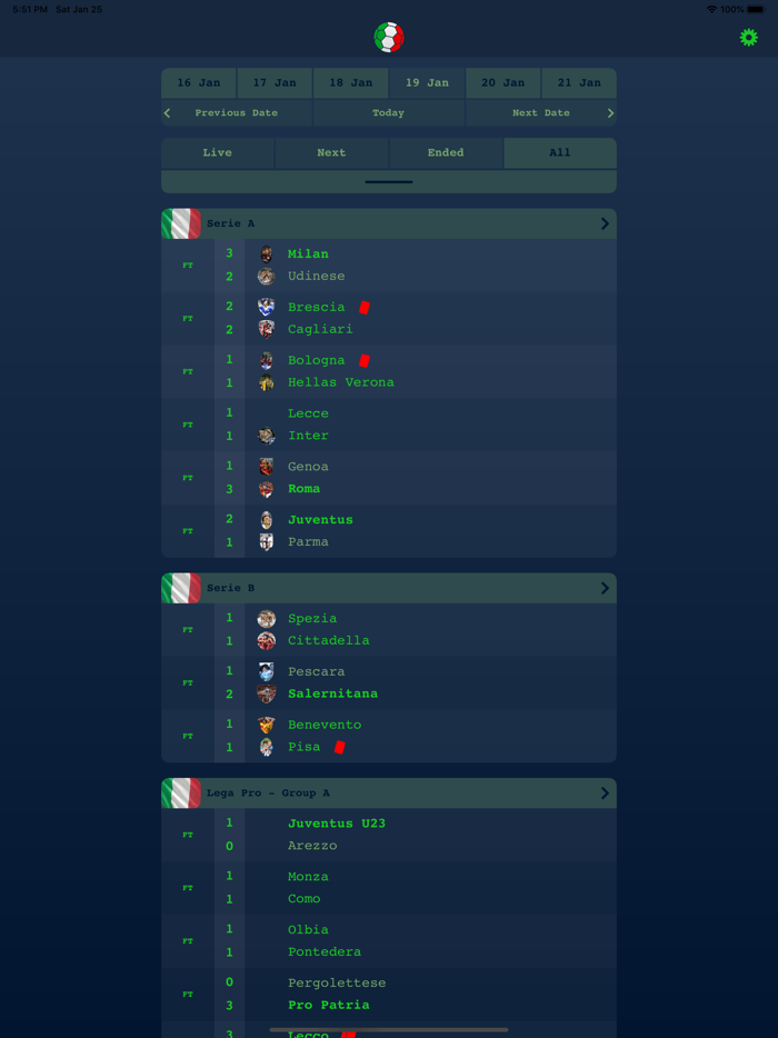 Live Results Italian Serie A