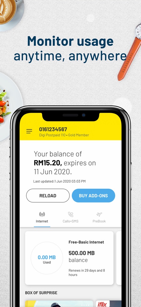 MyDigi Mobile App - La interfaz permite a los usuarios supervisar su saldo actual de RM15.20 y verificar el consumo de internet con un medidor que indica 0.00MB utilizados.