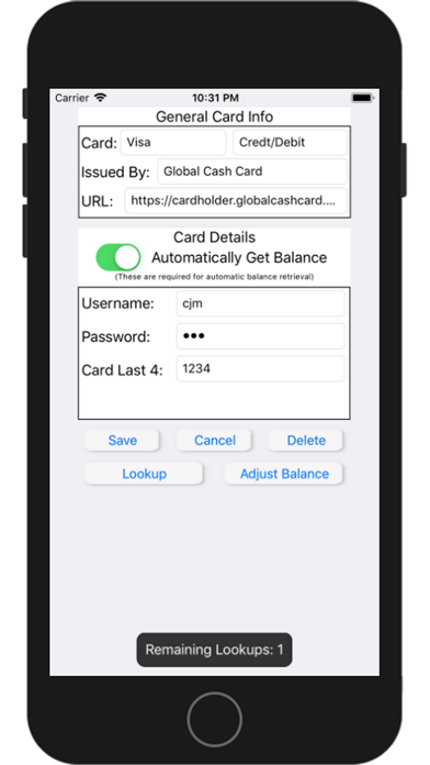 Prepaid Credit Card Balances Screenshot