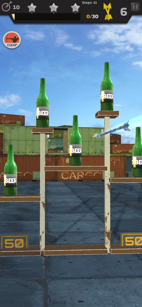 Arrow Master: Archery Game - The app presents a challenging setup with multiple bottles arranged on shelves, set against an industrial outdoor backdrop.