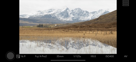 Viewfinder Preview - This tool allows users to pre-visualize shots, displaying crucial settings like the selected camera sensor (Fuji X-Pro2) and lens focal length (35mm) directly on screen.