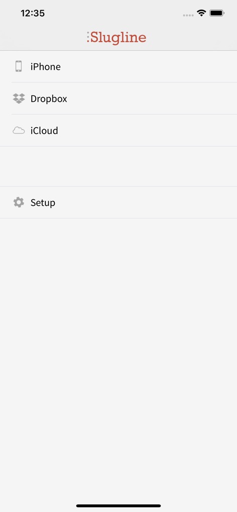 Slugline: Simply Screenwriting - このインターフェースでは、ユーザーが自身のスクリーンプレイファイルを管理するための複数のオプションが提供されています。iCloudとDropboxのクラウド同期機能、およびローカルのiPhoneストレージが選択肢として明確に示されています。