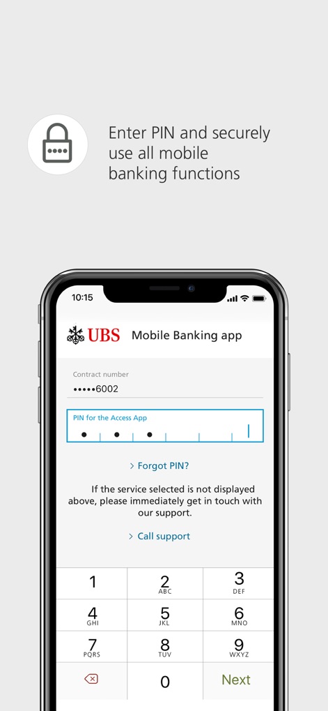 UBS Access – secure login - For mobile banking, users confirm their identity by entering their PIN into the dedicated input field, presented with a clear on-screen keypad for secure authentication.