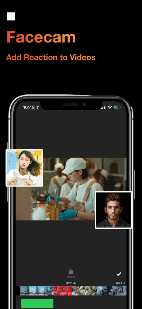 Screen Recorder ° - Nutzer können persönliche Reaktionen zu Videos hinzufügen, wobei mehrere Facecam-Overlays in anpassbarer Größe sichtbar sind und eine Zeitleiste die präzise Bearbeitung ermöglicht.