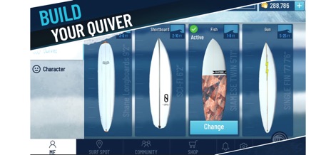 True Surf - Players can strategically build their quiver, choosing from diverse surfboard types such as 'Longboards' and 'Fish' for different conditions.