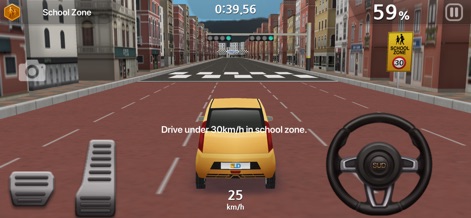 Dr. Driving 2 - Users navigate urban environments with the intuitive virtual steering wheel and pedal controls, while mission objectives, such as the 'School Zone' speed limit instruction, guide their driving.