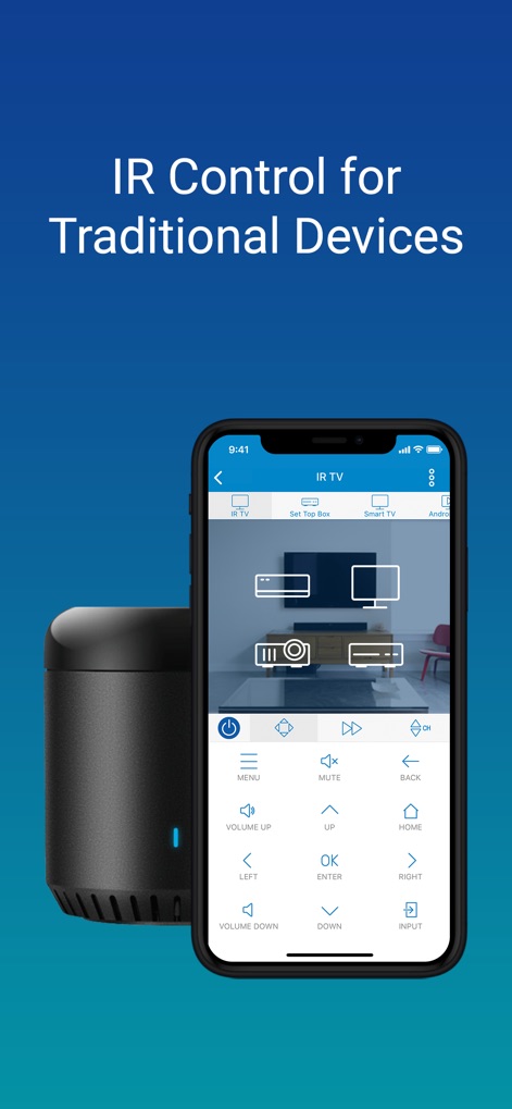 SURE Universal Smart TV Remote - Understand how the app extends control to traditional IR devices, featuring a comprehensive virtual remote interface and requiring a Broadlink WiFi to IR converter for seamless integration.